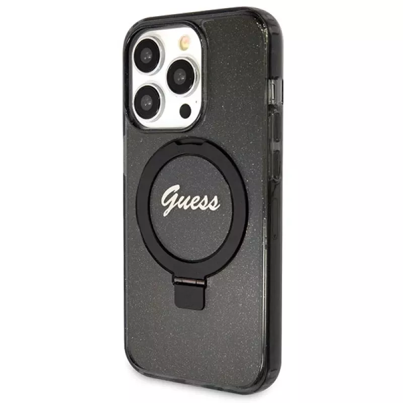 Guess GUHMP14LHRSGSK iPhone 14 Pro 6.1 Funda rígida Ring Stand Script Glitter MagSafe Negra