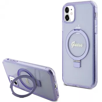 Guess GUHMN61HRSGSU iPhone 11 / XR 6,1 inch Funda rígida morada Ring Stand Script Glitter MagSafe