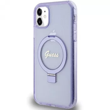 Guess GUHMN61HRSGSU iPhone 11 / XR 6,1 inch Funda rígida morada Ring Stand Script Glitter MagSafe