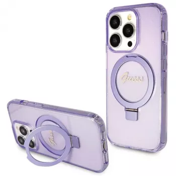 Guess GUHMP14LHRSGSU iPhone 14 Pro 6.1 Funda rígida Ring Stand Script Glitter MagSafe Morada
