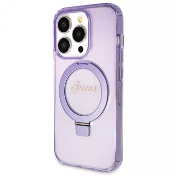 Guess GUHMP14LHRSGSU iPhone 14 Pro 6.1 Funda rígida Ring Stand Script Glitter MagSafe Morada