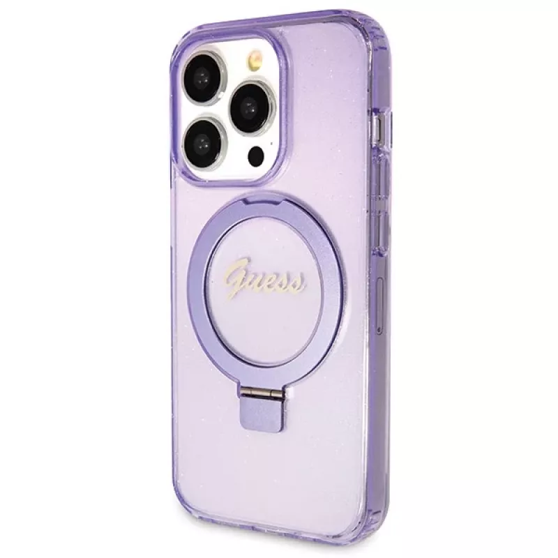 Guess GUHMP14XHRSGSU iPhone 14 Pro Max 6,7 inch Funda rígida lila soporte de anillo Script Glitter MagSafe