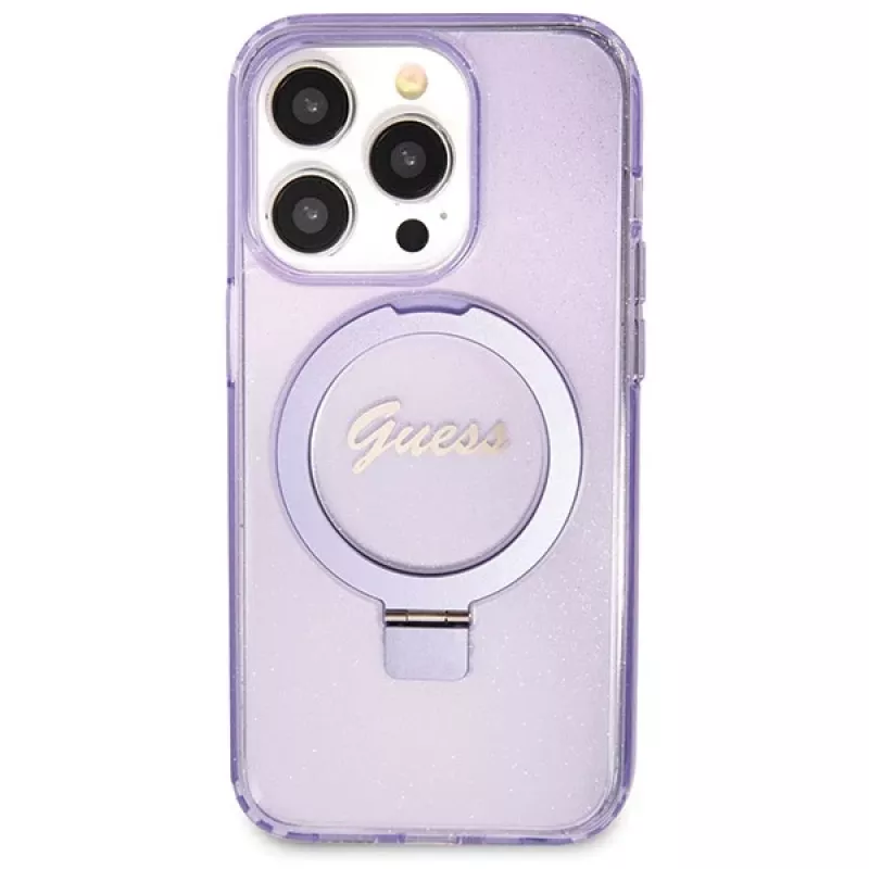 Guess GUHMP14XHRSGSU iPhone 14 Pro Max 6,7 inch Funda rígida lila soporte de anillo Script Glitter MagSafe