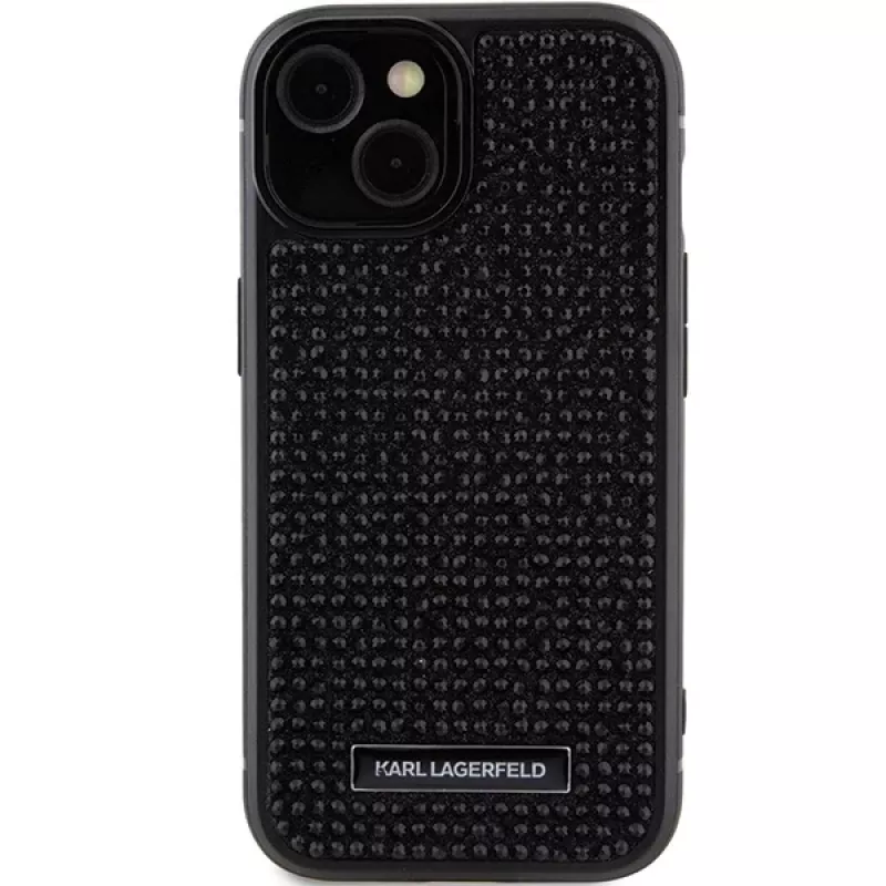Karl Lagerfeld KLHCP15SHDSPLK iPhone 15 / 14 / 13 6.1 Funda rígida negra Rhinestone Logo Metal Plate