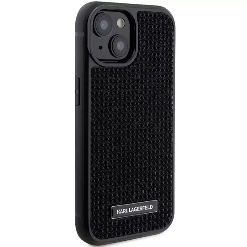 Karl Lagerfeld KLHCP15SHDSPLK iPhone 15 / 14 / 13 6.1 Funda rígida negra Rhinestone Logo Metal Plate
