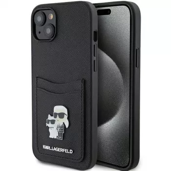 Karl Lagerfeld KLHCP15SSAPKCNPK iPhone 15 / 14 / 13 6.1 Funda rígida negra Saffiano Cardslot Karl & Choupette Metal Pin