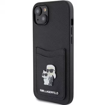 Karl Lagerfeld KLHCP15SSAPKCNPK iPhone 15 / 14 / 13 6.1 Funda rígida negra Saffiano Cardslot Karl & Choupette Metal Pin