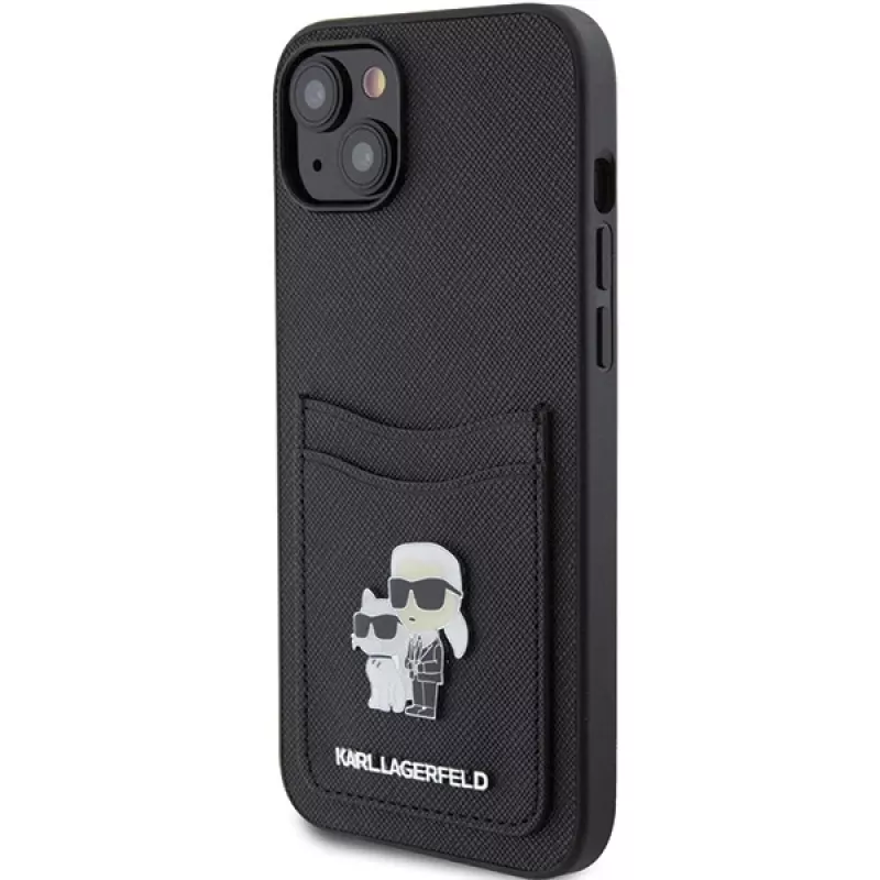 Karl Lagerfeld KLHCP15SSAPKCNPK iPhone 15 / 14 / 13 6.1 Funda rígida negra Saffiano Cardslot Karl & Choupette Metal Pin