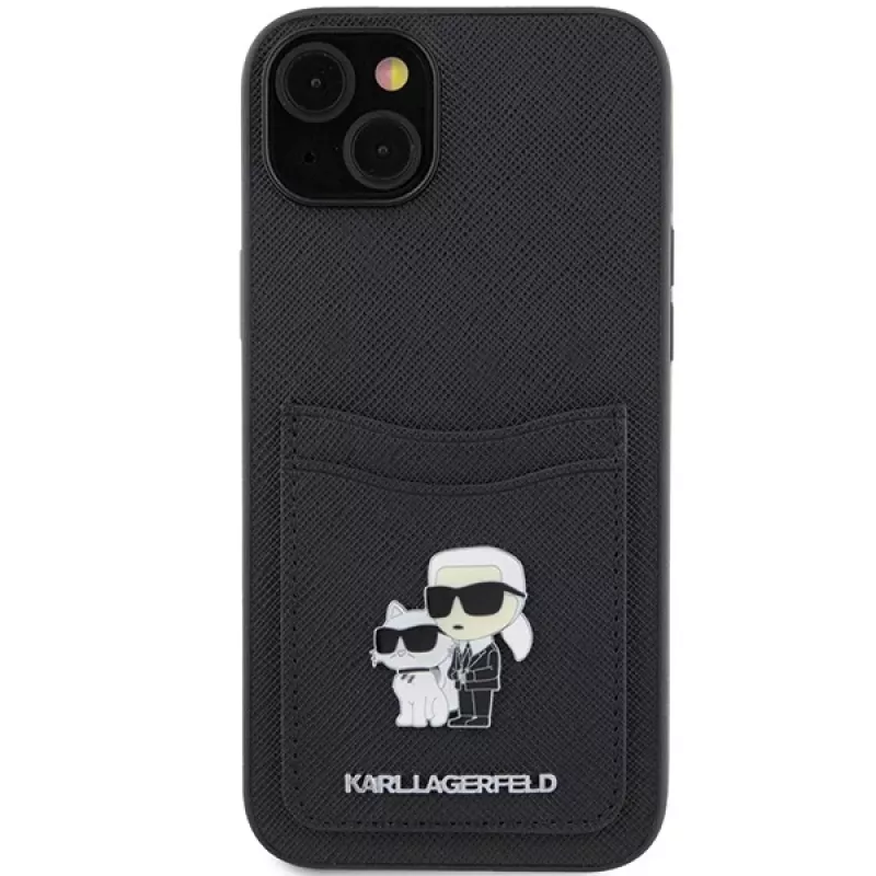 Karl Lagerfeld KLHCP15SSAPKCNPK iPhone 15 / 14 / 13 6.1 Funda rígida negra Saffiano Cardslot Karl & Choupette Metal Pin