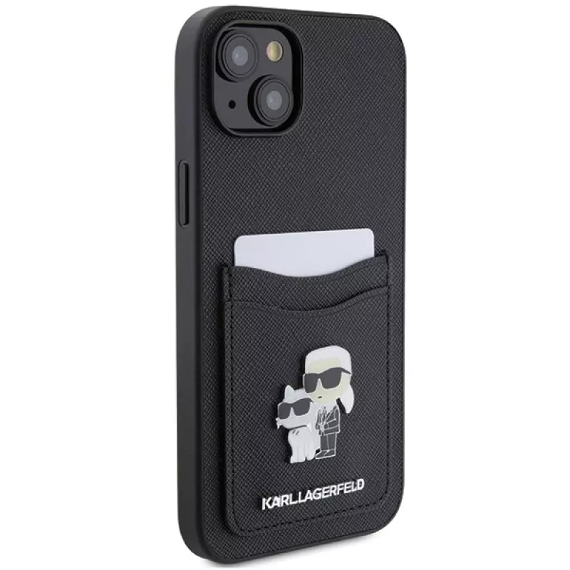 Karl Lagerfeld KLHCP15SSAPKCNPK iPhone 15 / 14 / 13 6.1 Funda rígida negra Saffiano Cardslot Karl & Choupette Metal Pin