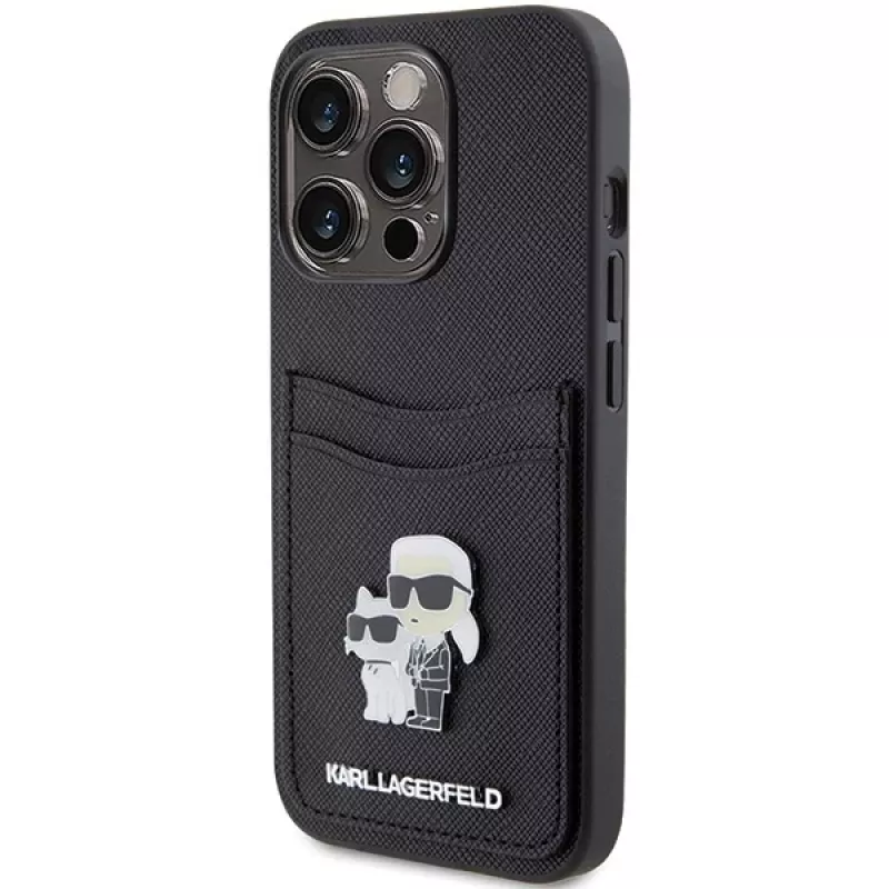Karl Lagerfeld KLHCP15LSAPKCNPK iPhone 15 Pro 6.1 Funda rígida negra Saffiano Cardslot Karl & Choupette Metal Pin