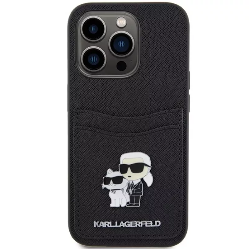 Karl Lagerfeld KLHCP15LSAPKCNPK iPhone 15 Pro 6.1 Funda rígida negra Saffiano Cardslot Karl & Choupette Metal Pin