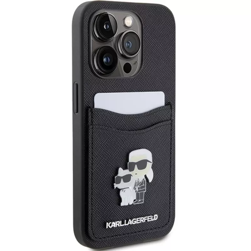 Karl Lagerfeld KLHCP15LSAPKCNPK iPhone 15 Pro 6.1 Funda rígida negra Saffiano Cardslot Karl & Choupette Metal Pin