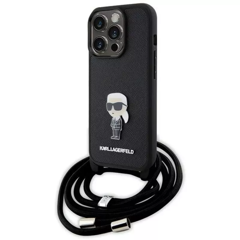 Karl Lagerfeld KLHCP15LSASKNPSK iPhone 15 Pro 6.1 Funda rígida negra Crossbody Saffiano Monogram Metal Pin Karl & Choupette