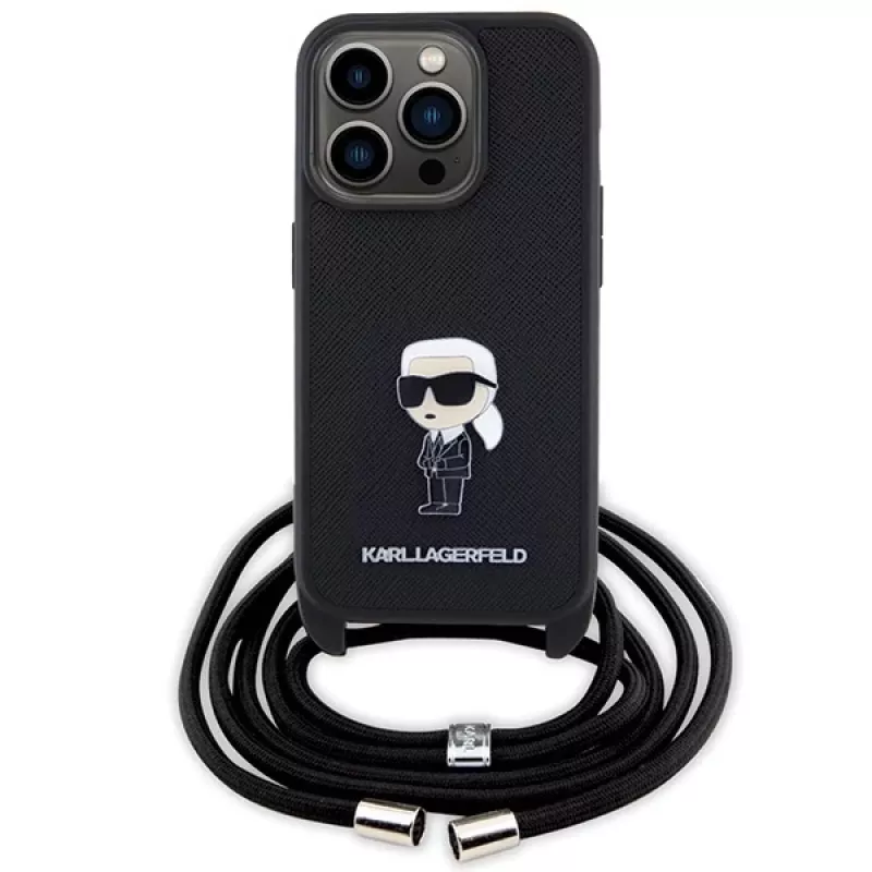 Karl Lagerfeld KLHCP15LSASKNPSK iPhone 15 Pro 6.1 Funda rígida negra Crossbody Saffiano Monogram Metal Pin Karl & Choupette