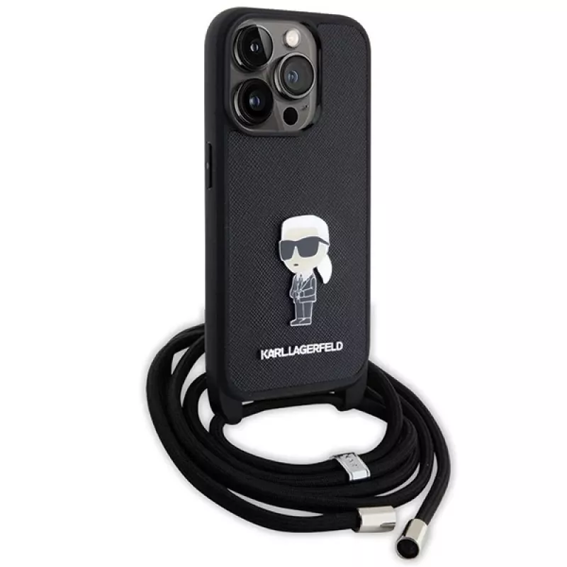 Karl Lagerfeld KLHCP15LSASKNPSK iPhone 15 Pro 6.1 Funda rígida negra Crossbody Saffiano Monogram Metal Pin Karl & Choupette