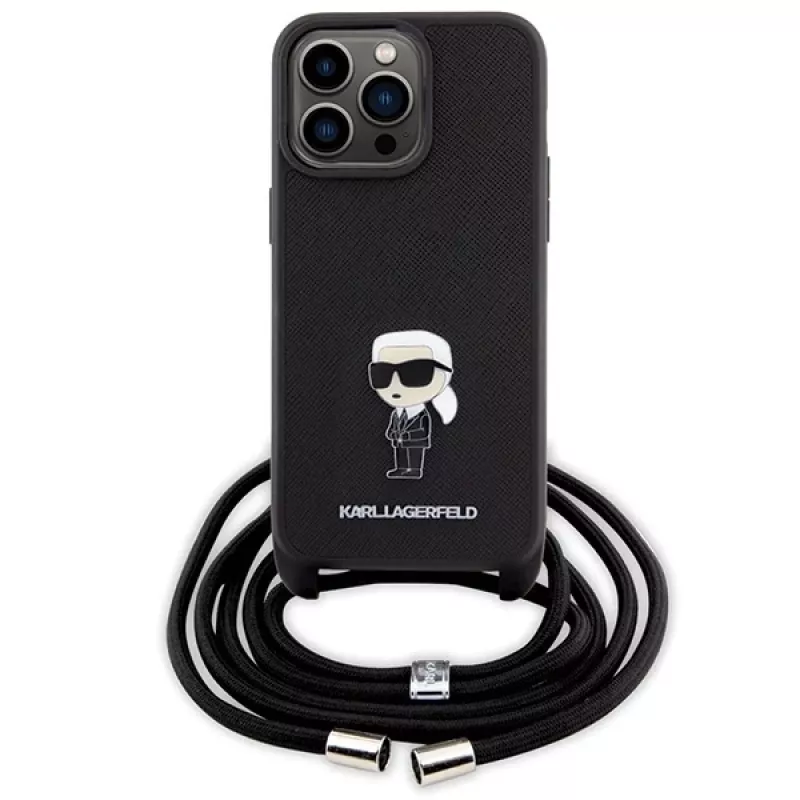 Karl Lagerfeld KLHCP15XSASKNPSK Funda rígida para iPhone 15 Pro Max 6,7 inch Negra Crossbody Saffiano Monogram Metal Pin Karl & Choupette