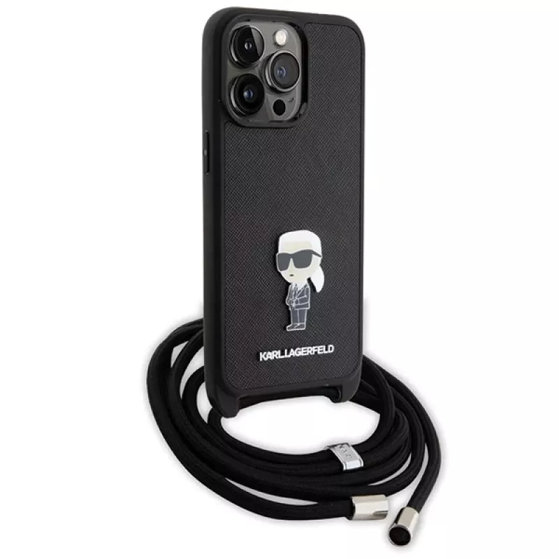 Karl Lagerfeld KLHCP15XSASKNPSK Funda rígida para iPhone 15 Pro Max 6,7 inch Negra Crossbody Saffiano Monogram Metal Pin Karl & Choupette