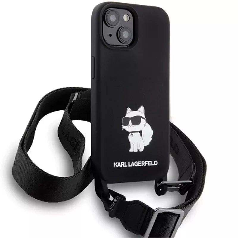 Karl Lagerfeld KLHCP15SSCBSCNK iPhone 15 / 14 / 13 6.1 Funda rígida negra Crossbody silicona Choupette