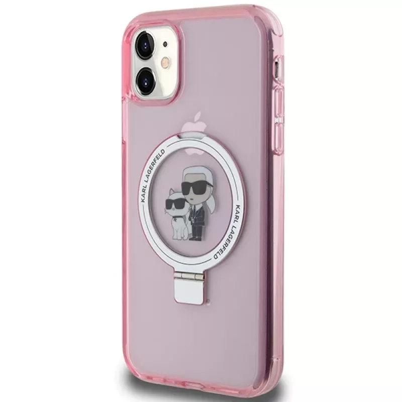 Karl Lagerfeld KLHMN61HMRSKCP iPhone 11 / XR 6.1 Funda rígida rosa Ring Stand Karl & Choupette MagSafe
