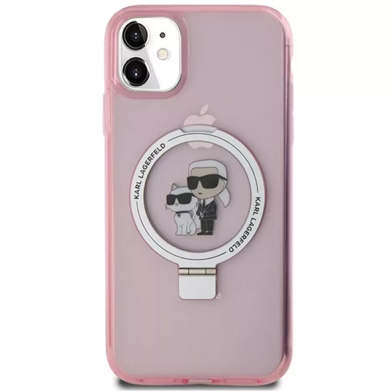 Karl Lagerfeld KLHMN61HMRSKCP iPhone 11 / XR 6.1 Funda rígida rosa Ring Stand Karl & Choupette MagSafe