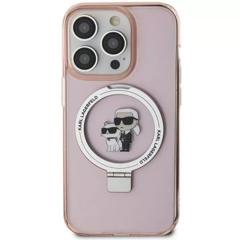 Karl Lagerfeld KLHMN61HMRSKCP iPhone 11 / XR 6.1 Funda rígida rosa Ring Stand Karl & Choupette MagSafe
