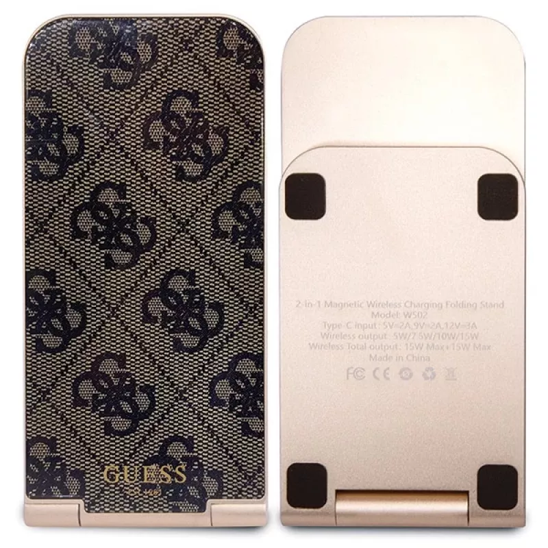 Guess Cargador inalámbrico plegable 2 en 1 GUDCFAL4PEGW 15W marrón 4G Pattern MagSafe