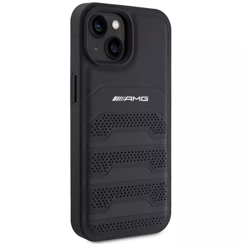 AMG AMHCP15MGSEBK Funda rígida de piel con líneas en relieve para iPhone 15 Plus / 14 Plus 6,7