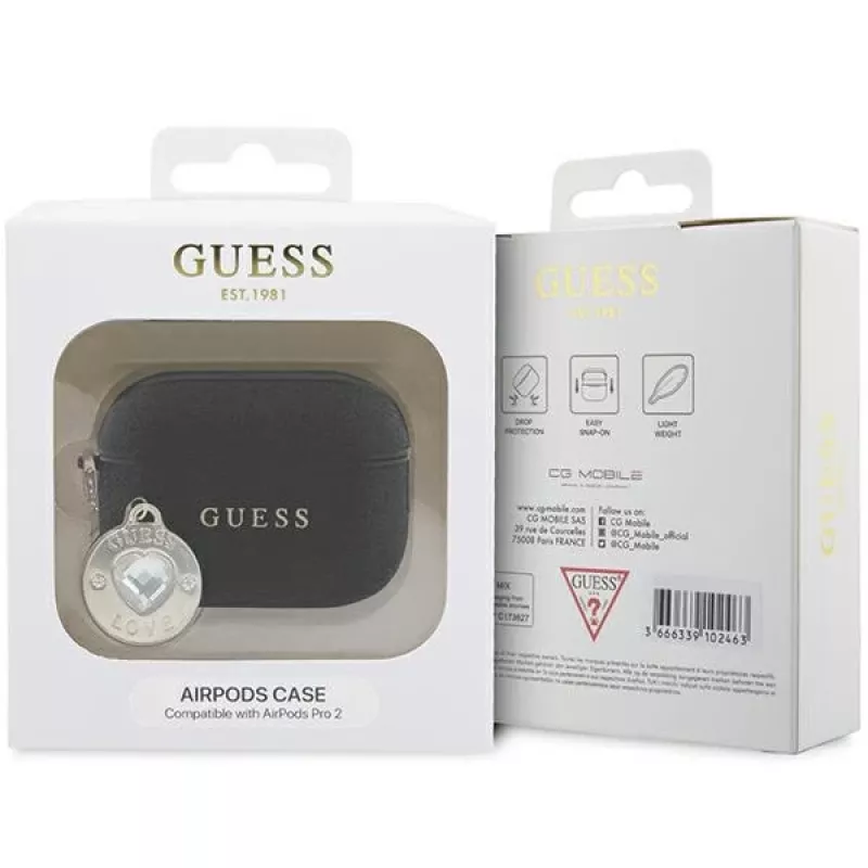 Guess GUAP2PGEHCDK Funda para AirPods Pro 2 (2022/2023) negra con colgante de corazón de diamante brillante fijo