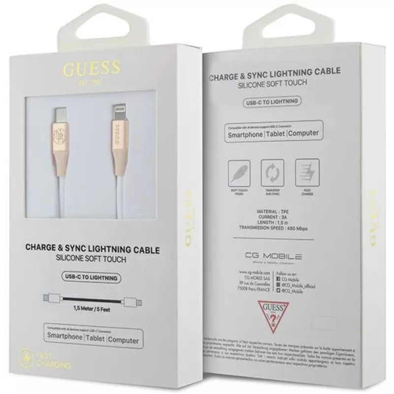 Guess GUCLLALRGDD Cable USB-C a Lightning 1,5 m carga rápida oro claro con logo en relieve