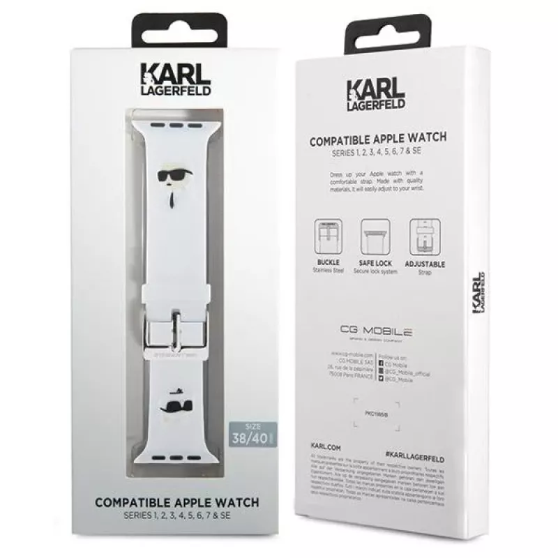 Karl Lagerfeld Correa KLAWMSLKCNH para Apple Watch 38/40/41mm blanca de goma 3D con cabezas de Karl & Choupette