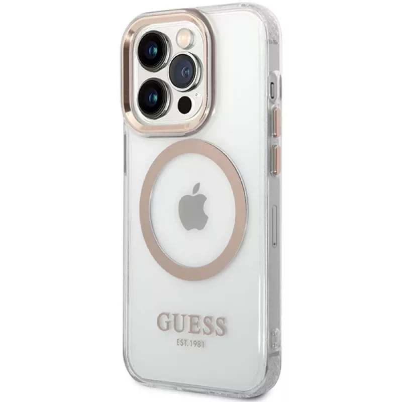 Guess GUHMP15SHTRMD Funda rígida Metal Outline para iPhone 15/14/13, Dorada, MagSafe