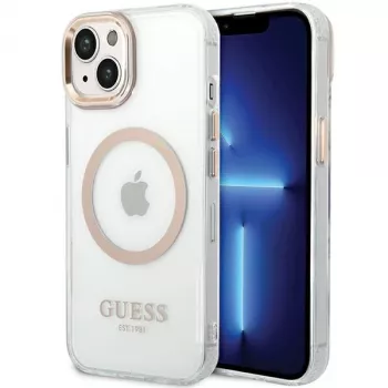 Guess GUHMP15MHTRMD Funda rígida Metal Outline para iPhone 15 Plus / 14 Plus 6,7 pulgadas Dorada con MagSafe