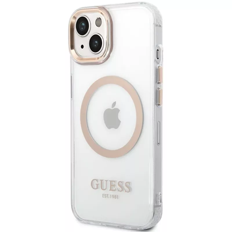 Guess GUHMP15MHTRMD Funda rígida Metal Outline para iPhone 15 Plus / 14 Plus 6,7 pulgadas Dorada con MagSafe