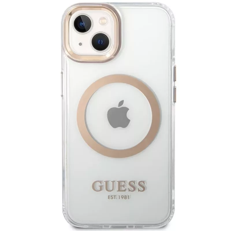 Guess GUHMP15MHTRMD Funda rígida Metal Outline para iPhone 15 Plus / 14 Plus 6,7 pulgadas Dorada con MagSafe