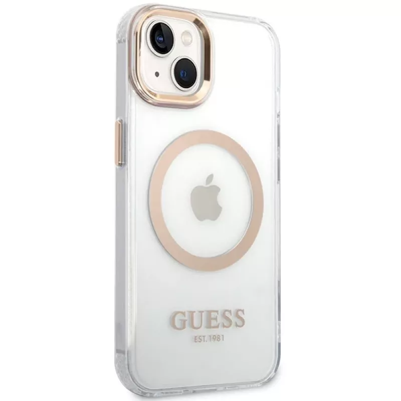 Guess GUHMP15MHTRMD Funda rígida Metal Outline para iPhone 15 Plus / 14 Plus 6,7 pulgadas Dorada con MagSafe