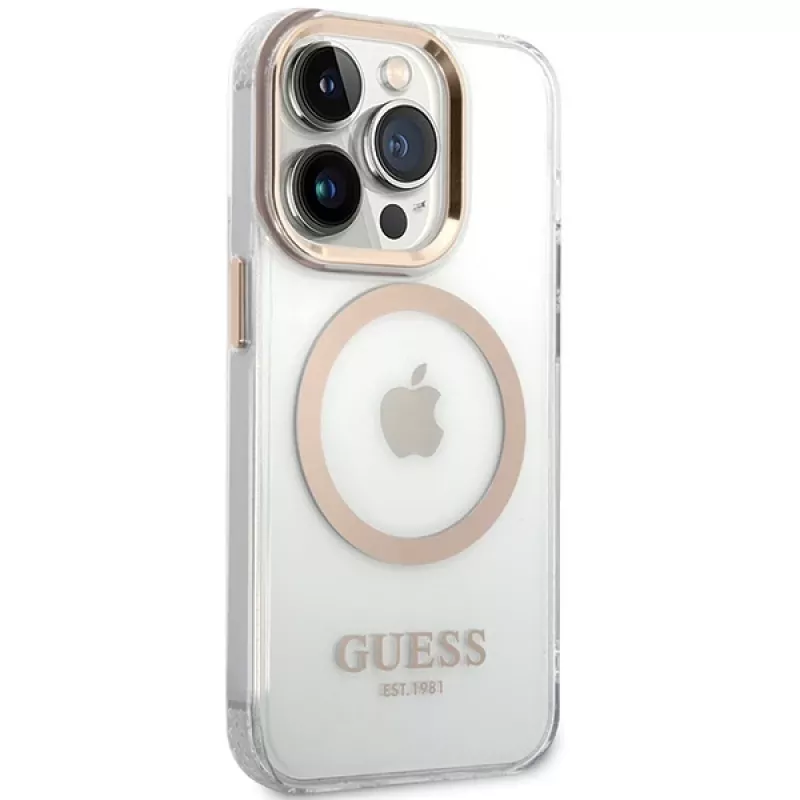 Guess GUHMP15LHTRMD Funda rígida Metal Outline para Apple iPhone 15 Pro 6,1 pulgadas Dorada MagSafe