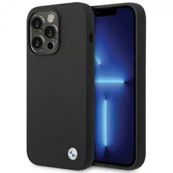BMW BMHCP15XSILBK Funda de silicona para iPhone 15 Pro Max 6,7 pulgadas Negra con Metal Logo