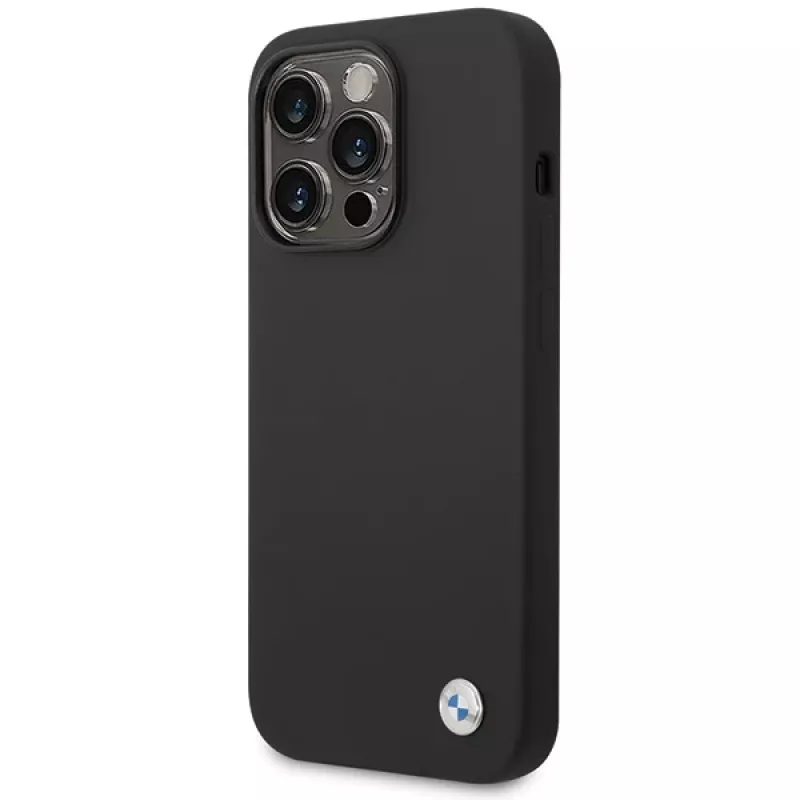 BMW BMHCP15XSILBK Funda de silicona para iPhone 15 Pro Max 6,7 pulgadas Negra con Metal Logo