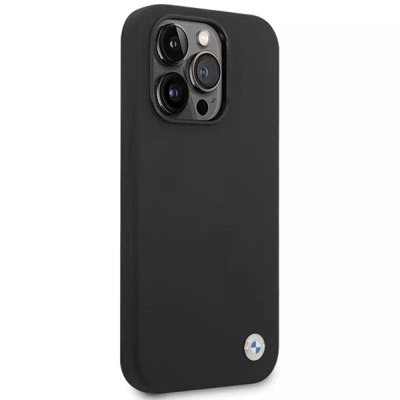 BMW BMHCP15XSILBK Funda de silicona para iPhone 15 Pro Max 6,7 pulgadas Negra con Metal Logo