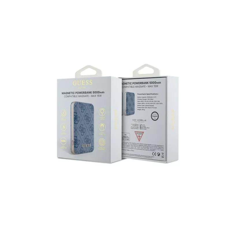 Guess Batería externa inalámbrica 5000mAh Azul 4G Piel Metal Logo MagSafe 15W