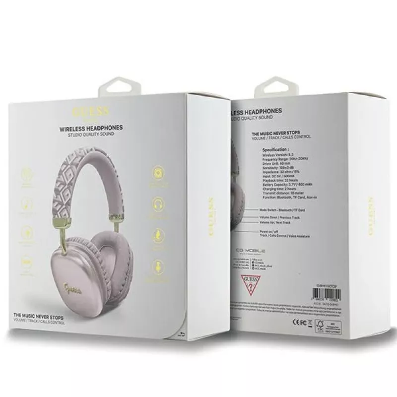 Guess Gcube Metallic Script Logo auriculares Bluetooth on-ear rosa
