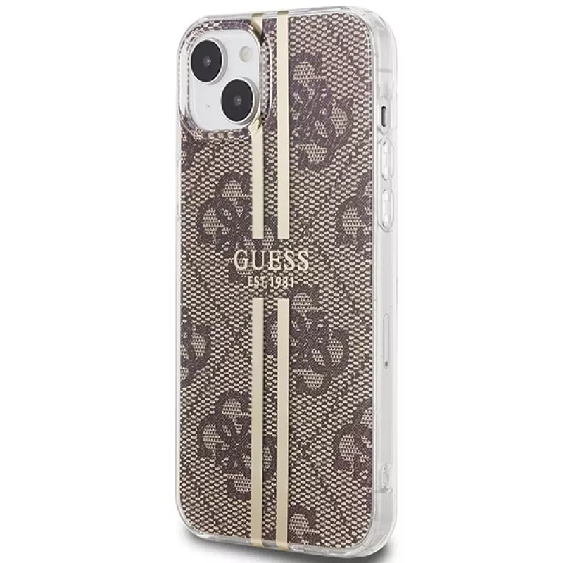 Guess GUHCP15MH4PSEGW funda rígida IML 4G Gold Stripe marrón para iPhone 15 Plus / 14 Plus 6,7