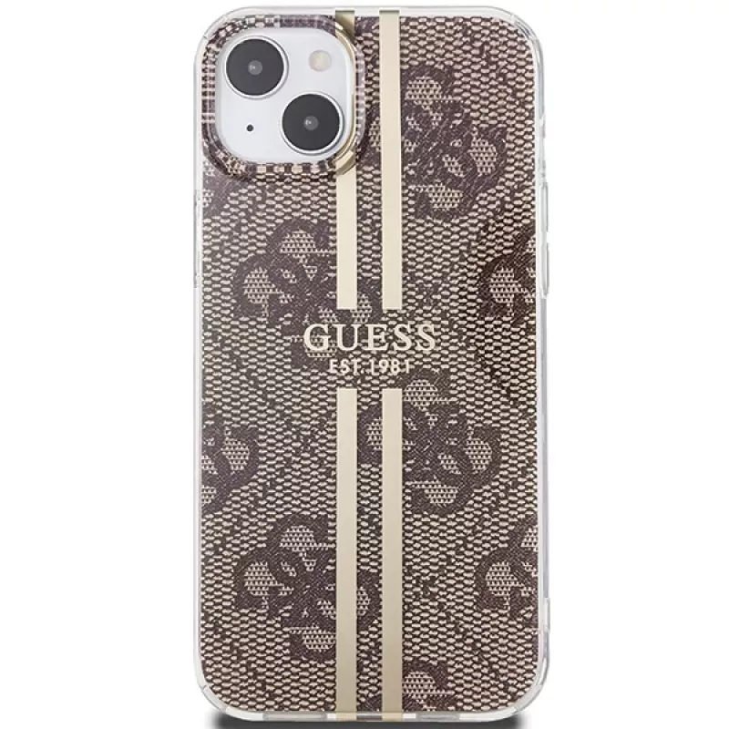 Guess GUHCP15MH4PSEGW funda rígida IML 4G Gold Stripe marrón para iPhone 15 Plus / 14 Plus 6,7