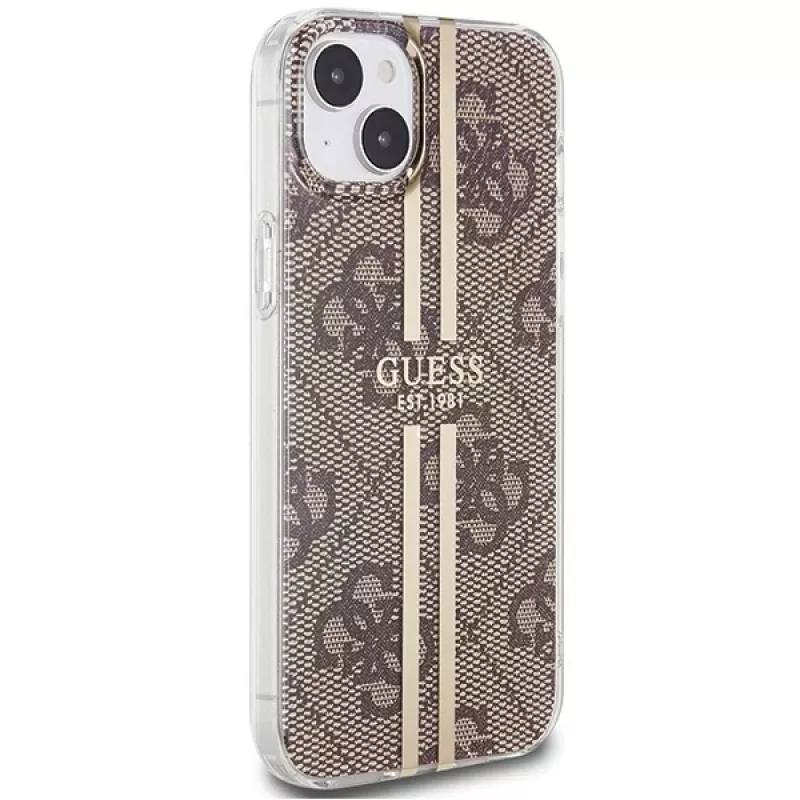 Guess GUHCP15MH4PSEGW funda rígida IML 4G Gold Stripe marrón para iPhone 15 Plus / 14 Plus 6,7