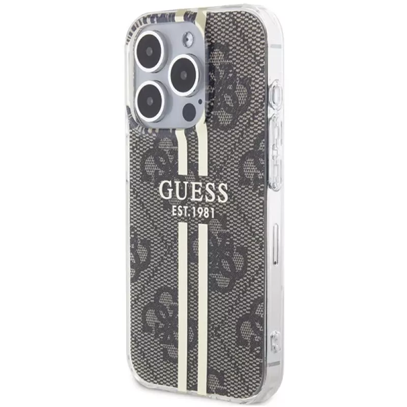 Guess GUHCP15LH4PSEGW funda rígida IML 4G Gold Stripe marrón para iPhone 15 Pro 6,1