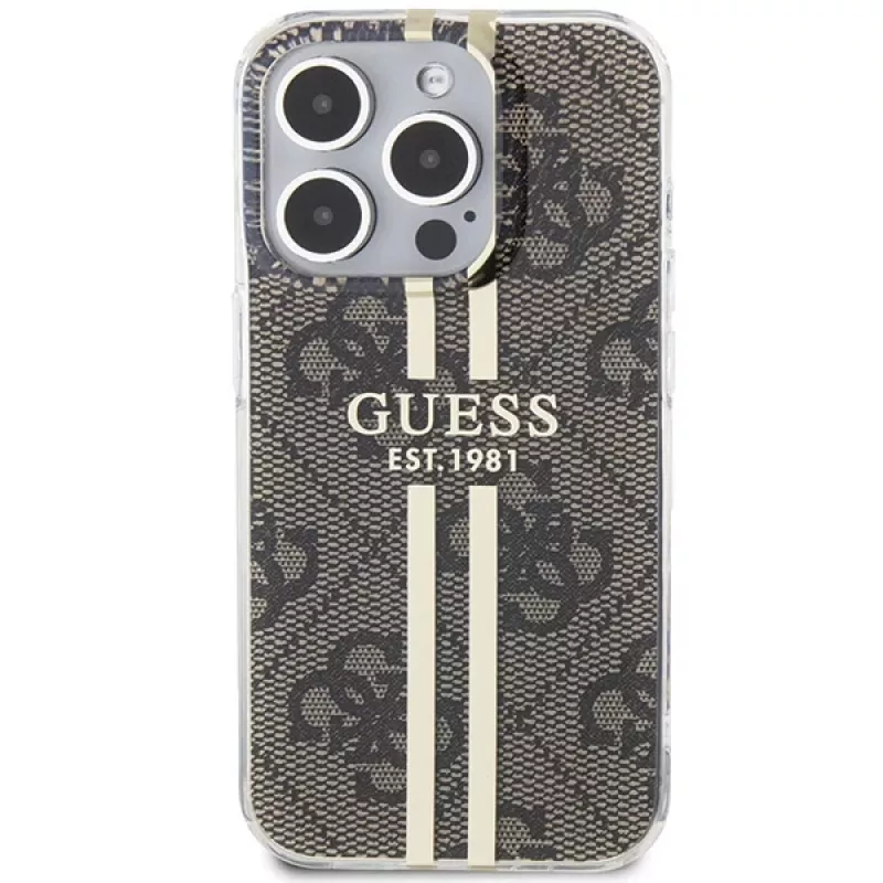 Guess GUHCP15LH4PSEGW funda rígida IML 4G Gold Stripe marrón para iPhone 15 Pro 6,1