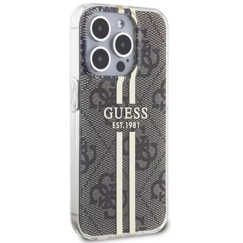 Guess GUHCP15LH4PSEGW funda rígida IML 4G Gold Stripe marrón para iPhone 15 Pro 6,1