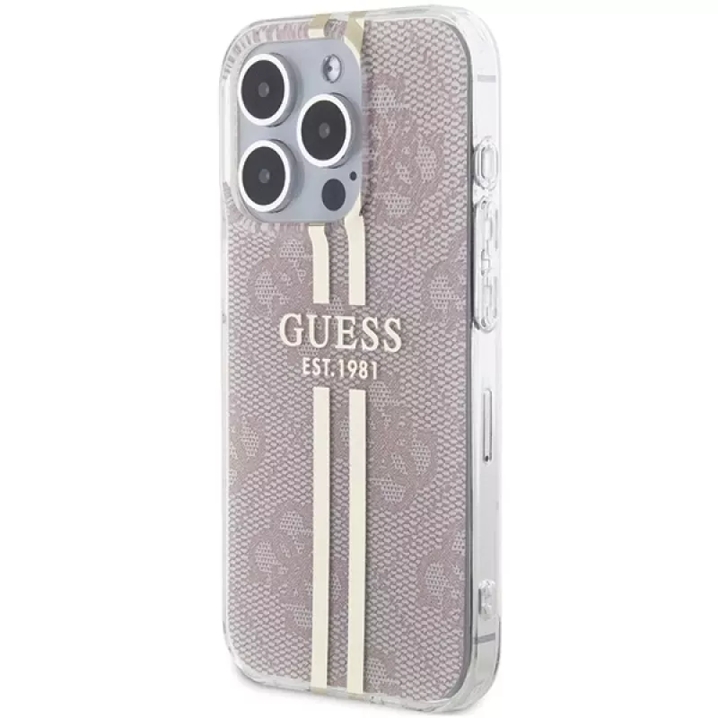 Guess GUHCP15LH4PSEGP funda rígida IML 4G Gold Stripe rosa para iPhone 15 Pro 6,1