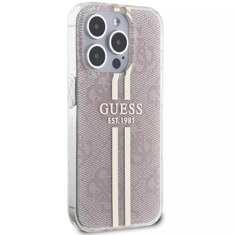 Guess GUHCP15LH4PSEGP funda rígida IML 4G Gold Stripe rosa para iPhone 15 Pro 6,1